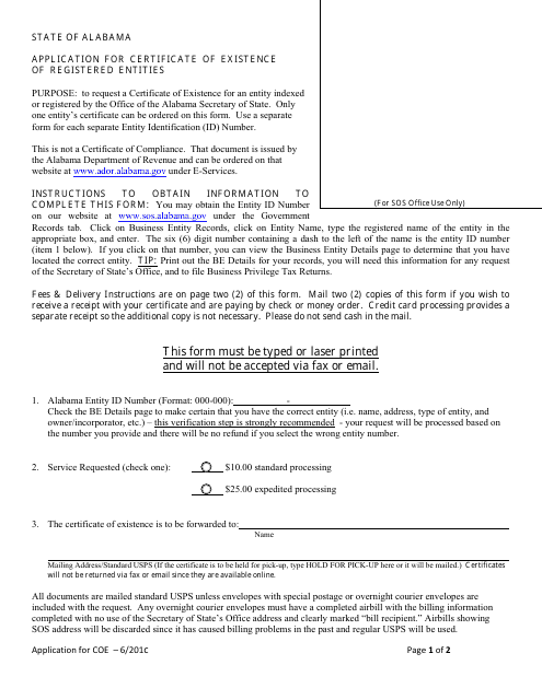 Application for Certificate of Existence of Registered Entities - Alabama
