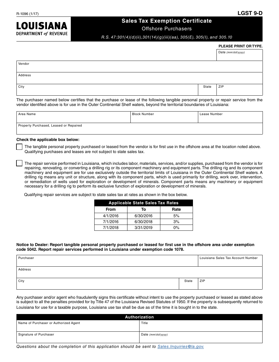 Form R-1096 Sales Tax Exemption Certificate - Offshore Purchasers - Louisiana, Page 1