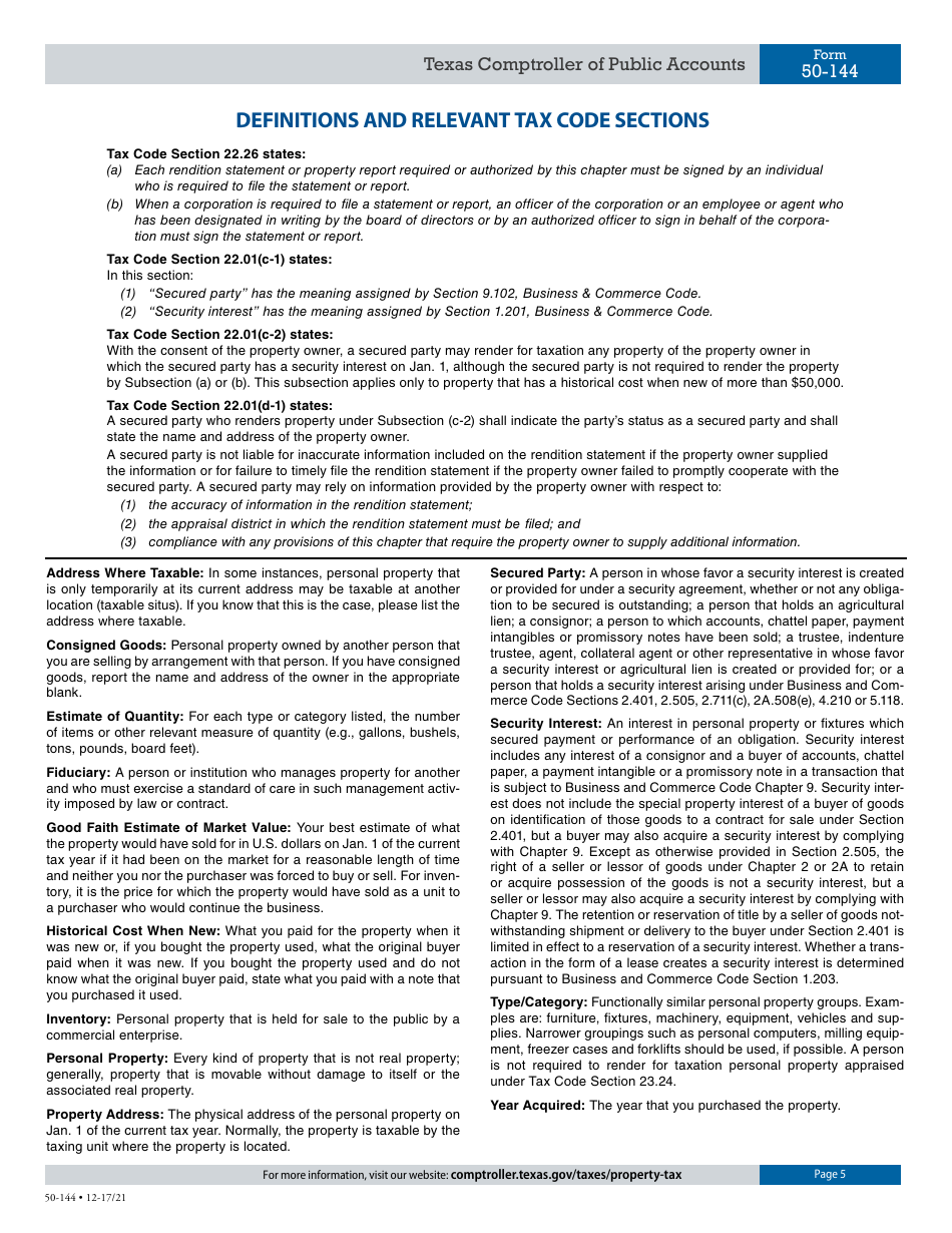 Form 50-144 Business Personal Property Rendition of Taxable Property - Texas, Page 5