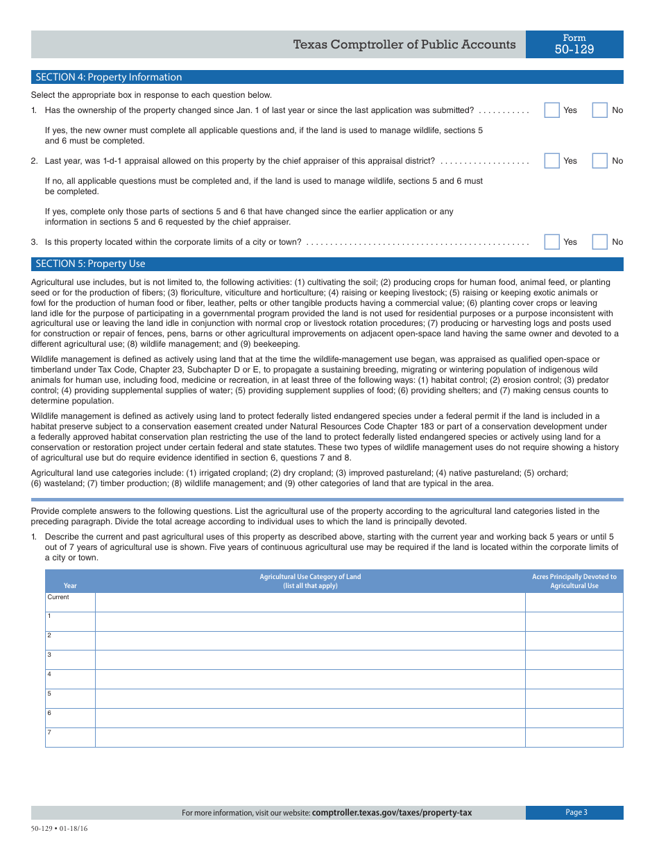Form 50-129 Application for 1-d-1 (Open-Space) Agricultural Use Appraisal - Texas, Page 3