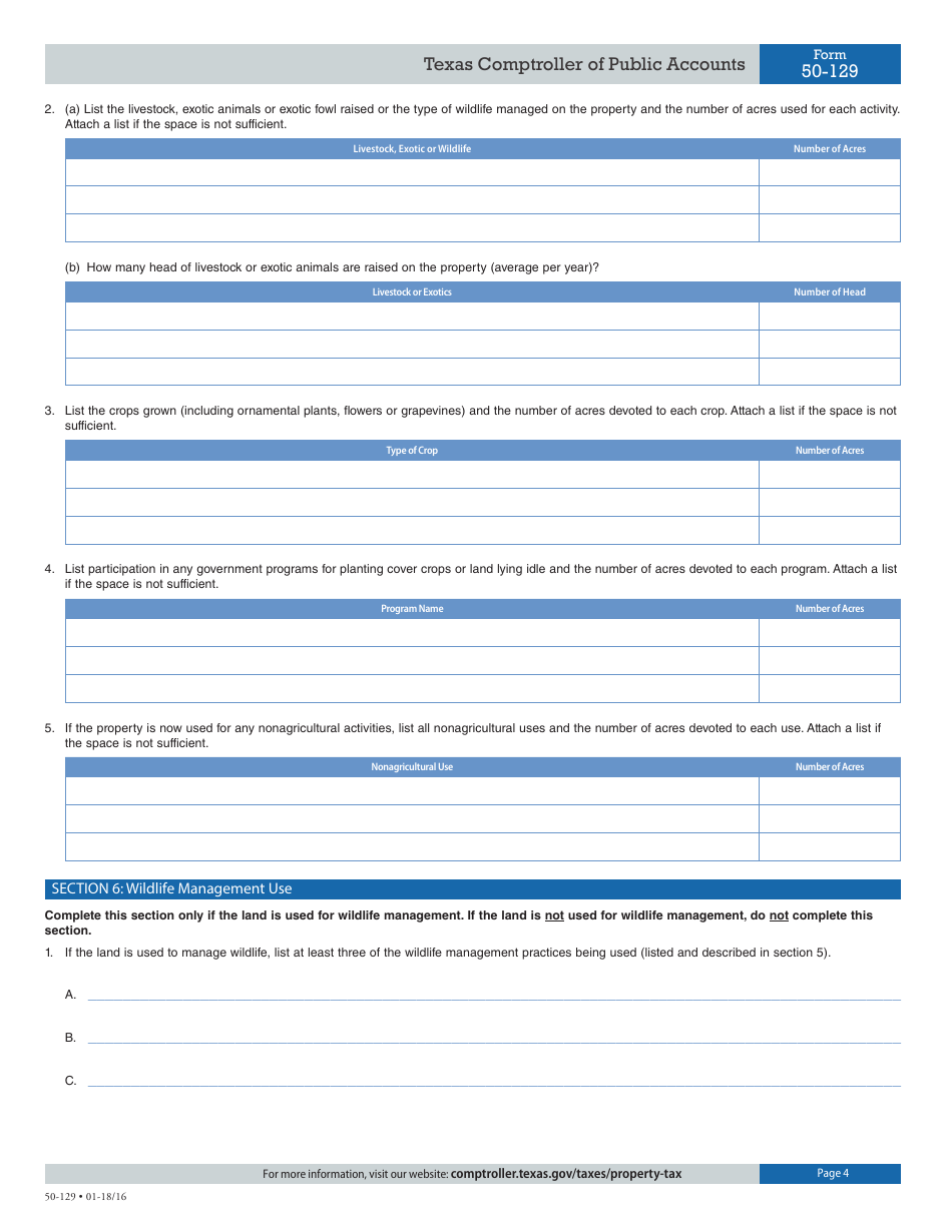Form 50-129 Application for 1-d-1 (Open-Space) Agricultural Use Appraisal - Texas, Page 4