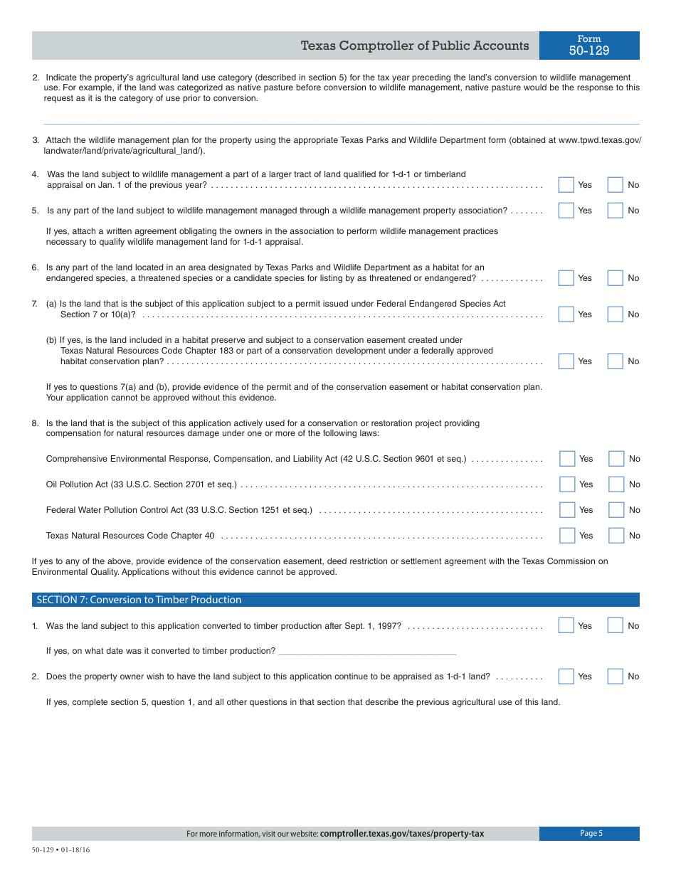 Form 50-129 Application for 1-d-1 (Open-Space) Agricultural Use Appraisal - Texas, Page 5