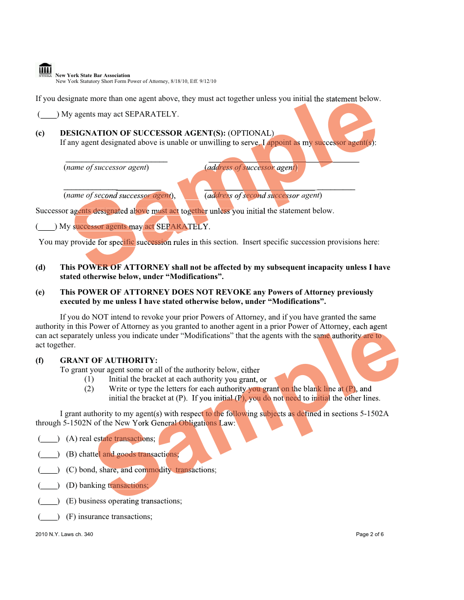 Power of Attorney - New York Statutory Short Form - Sample - New York, Page 2
