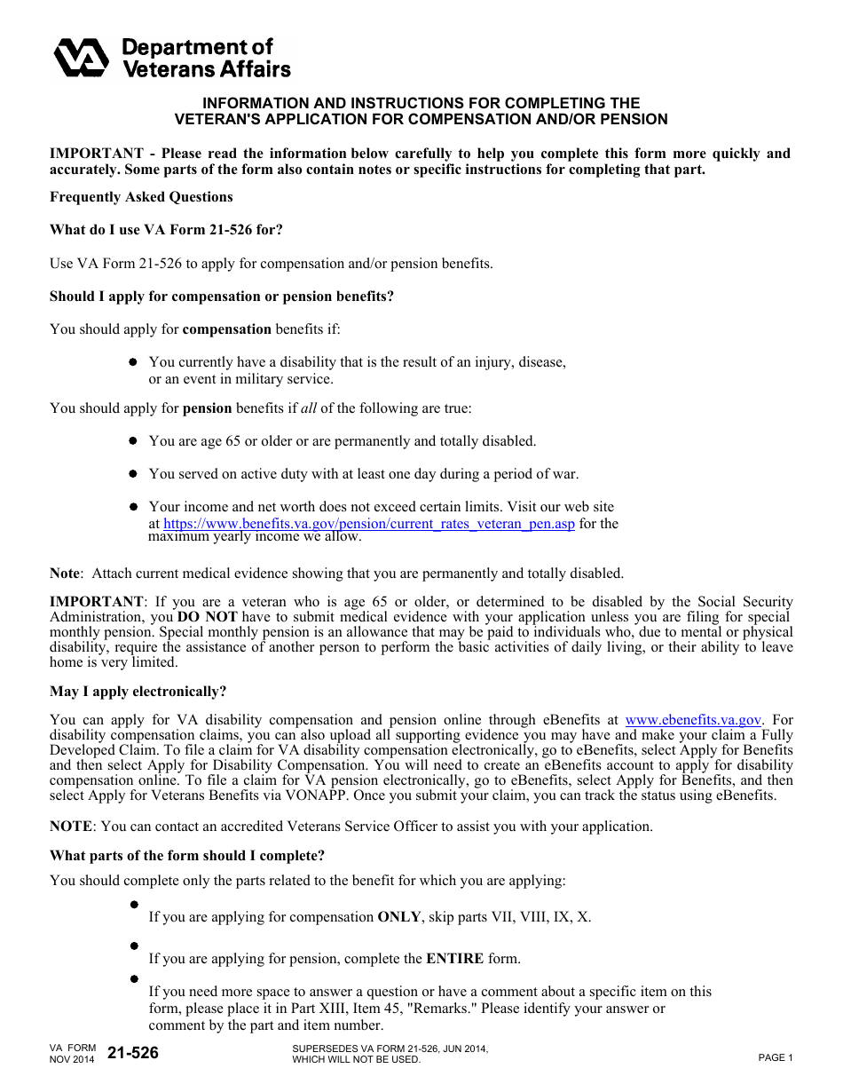 VA Form 21-526 Veteran's Application for Compensation and/or Pension, Page 1