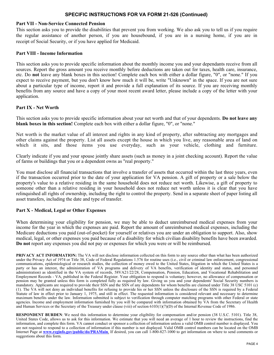 VA Form 21-526 Veterans Application for Compensation and / or Pension, Page 4