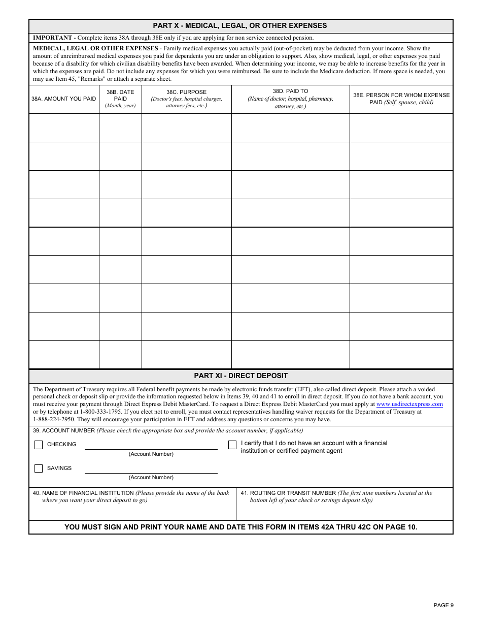 VA Form 21-526 Veterans Application for Compensation and / or Pension, Page 9