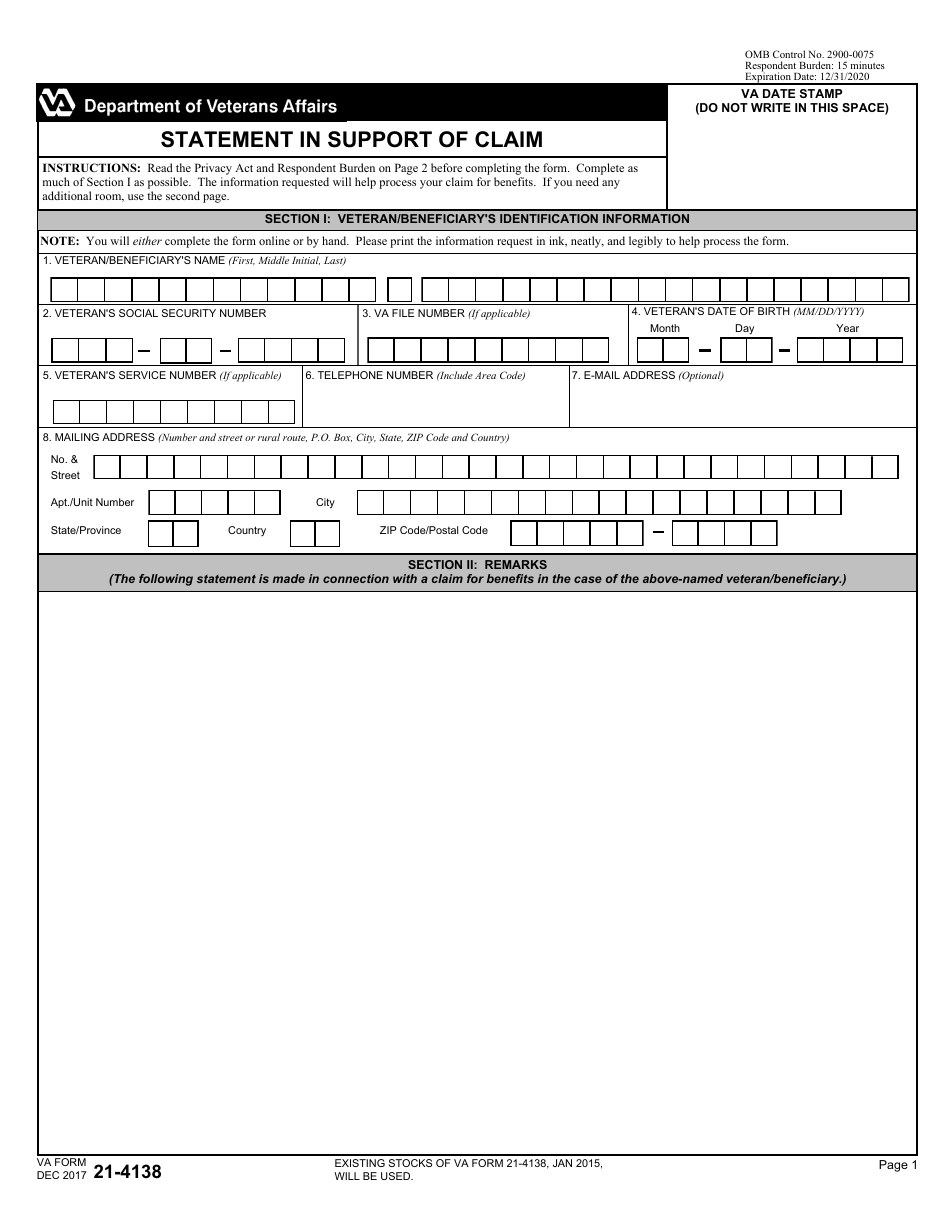 VA Form 21-4138 Statement in Support of Claim, Page 1