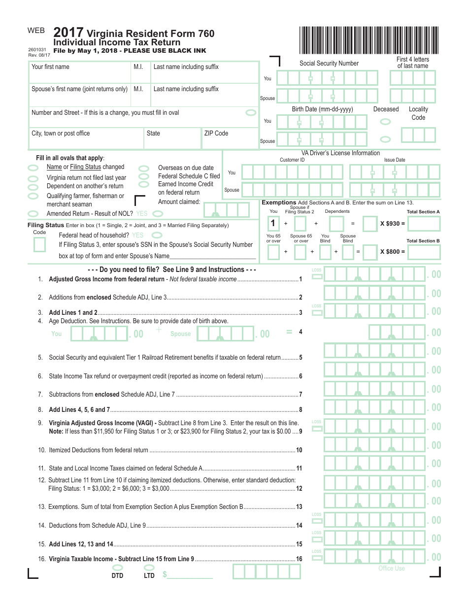 Form 760 Individual Income Tax Return - Virginia, Page 1