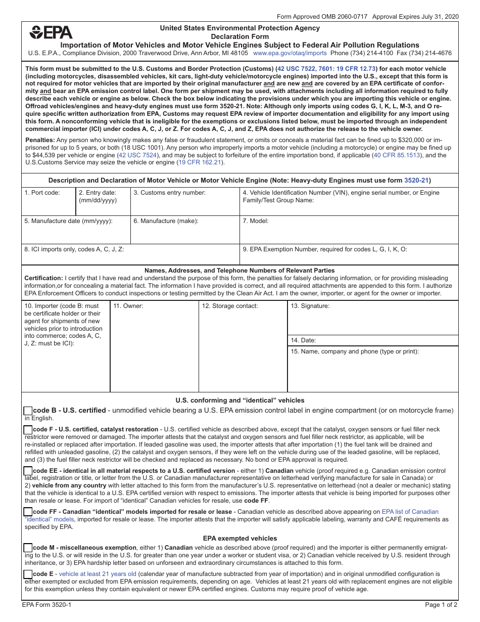 EPA Form 3520-1 Declaration Form - Importation of Motor Vehicles and Motor Vehicle Engines Subject to Federal Air Pollution Standards, Page 1