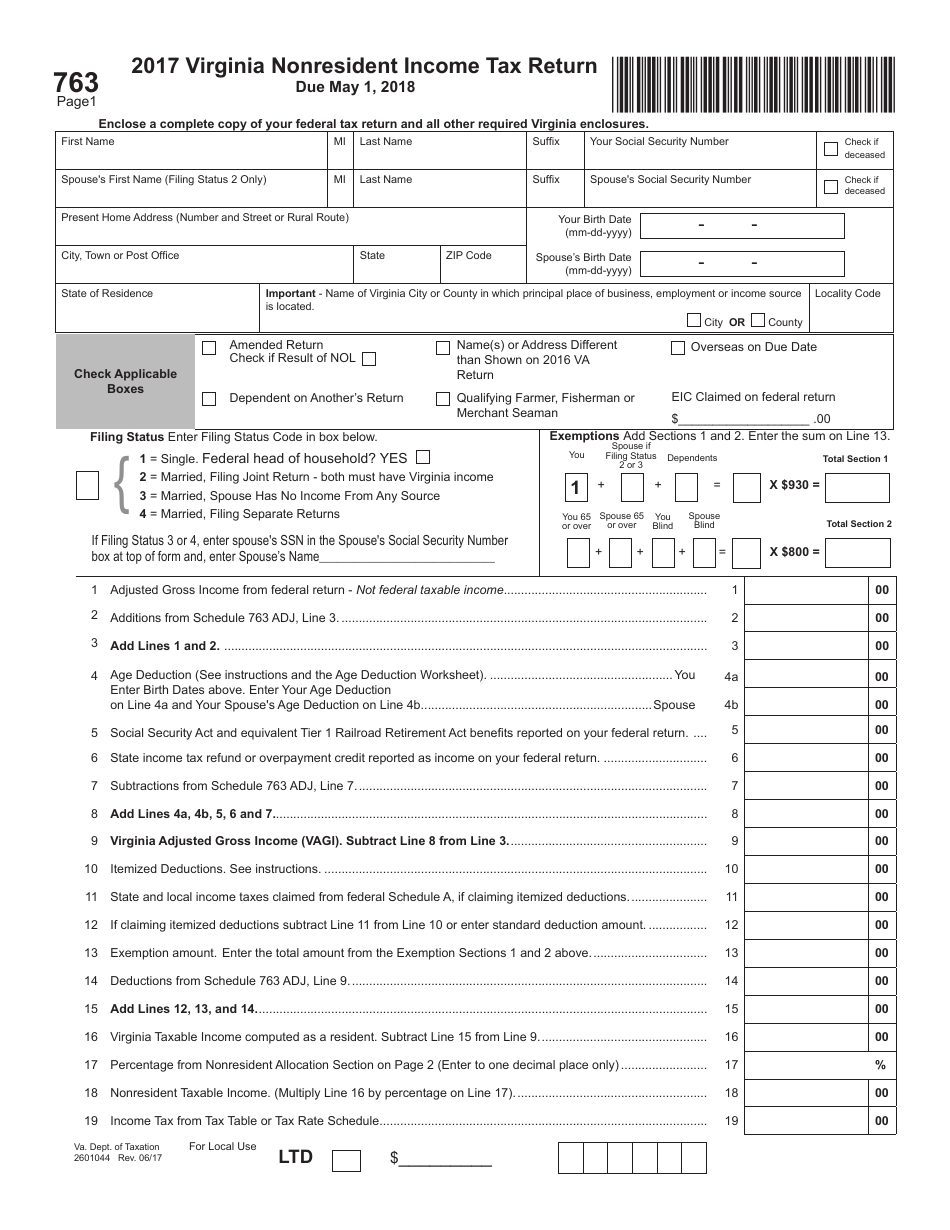 Form 763 Virginia Nonresident Income Tax Return - Virginia, Page 1