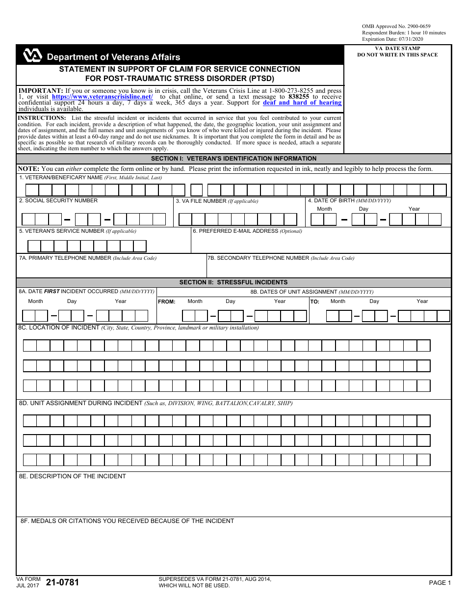 VA Form 21-0781 Statement in Support of Claim for Service Connection for Post-traumatic Stress Disorder (PTSD), Page 1