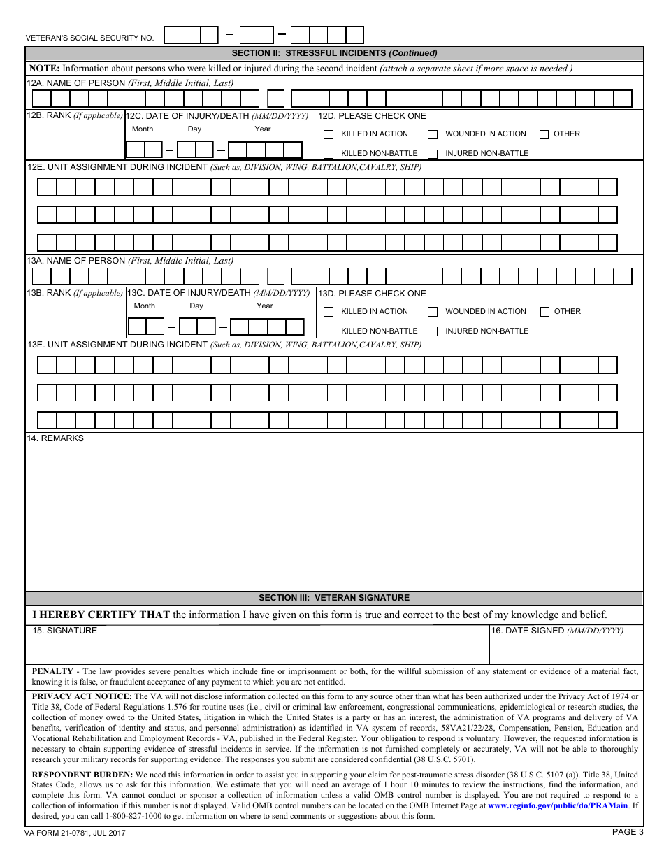 Va Form 21 0781 Fill Out Sign Online And Download Fillable Pdf Templateroller 4588