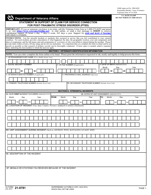 VA Form 21-0781 Statement in Support of Claim for Service Connection for Post-traumatic Stress Disorder (PTSD)