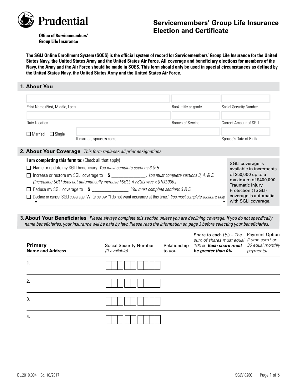 VA Form SGLV8286 Servicemembers Group Life Insurance Election and Certificate - Prudential, Page 1