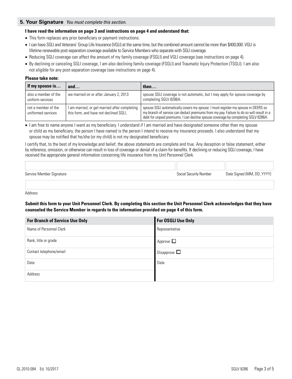 VA Form SGLV8286 Servicemembers Group Life Insurance Election and Certificate - Prudential, Page 3