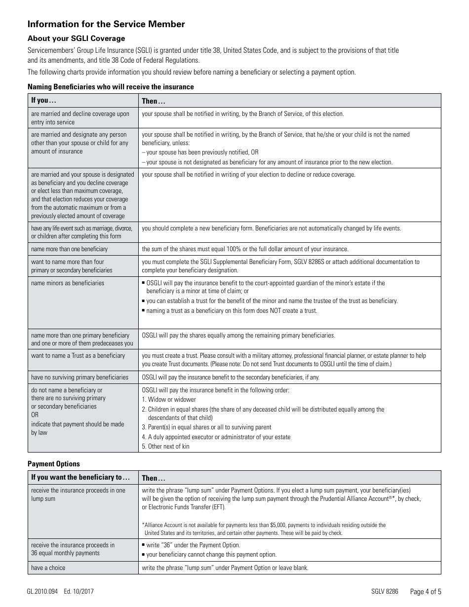 VA Form SGLV8286 Servicemembers Group Life Insurance Election and Certificate - Prudential, Page 4