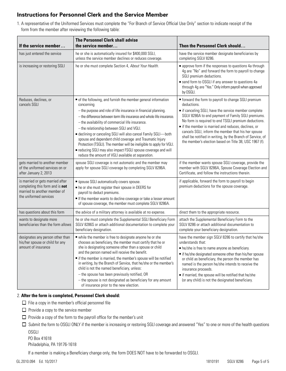 VA Form SGLV8286 Servicemembers Group Life Insurance Election and Certificate - Prudential, Page 5