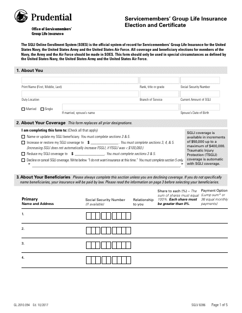 VA Form SGLV8286 Servicemembers' Group Life Insurance Election and Certificate - Prudential