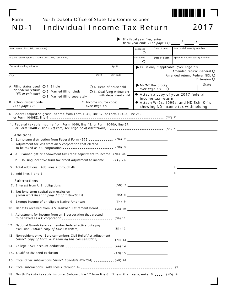 Form ND-1 Individual Income Tax Return - North Dakota, Page 1