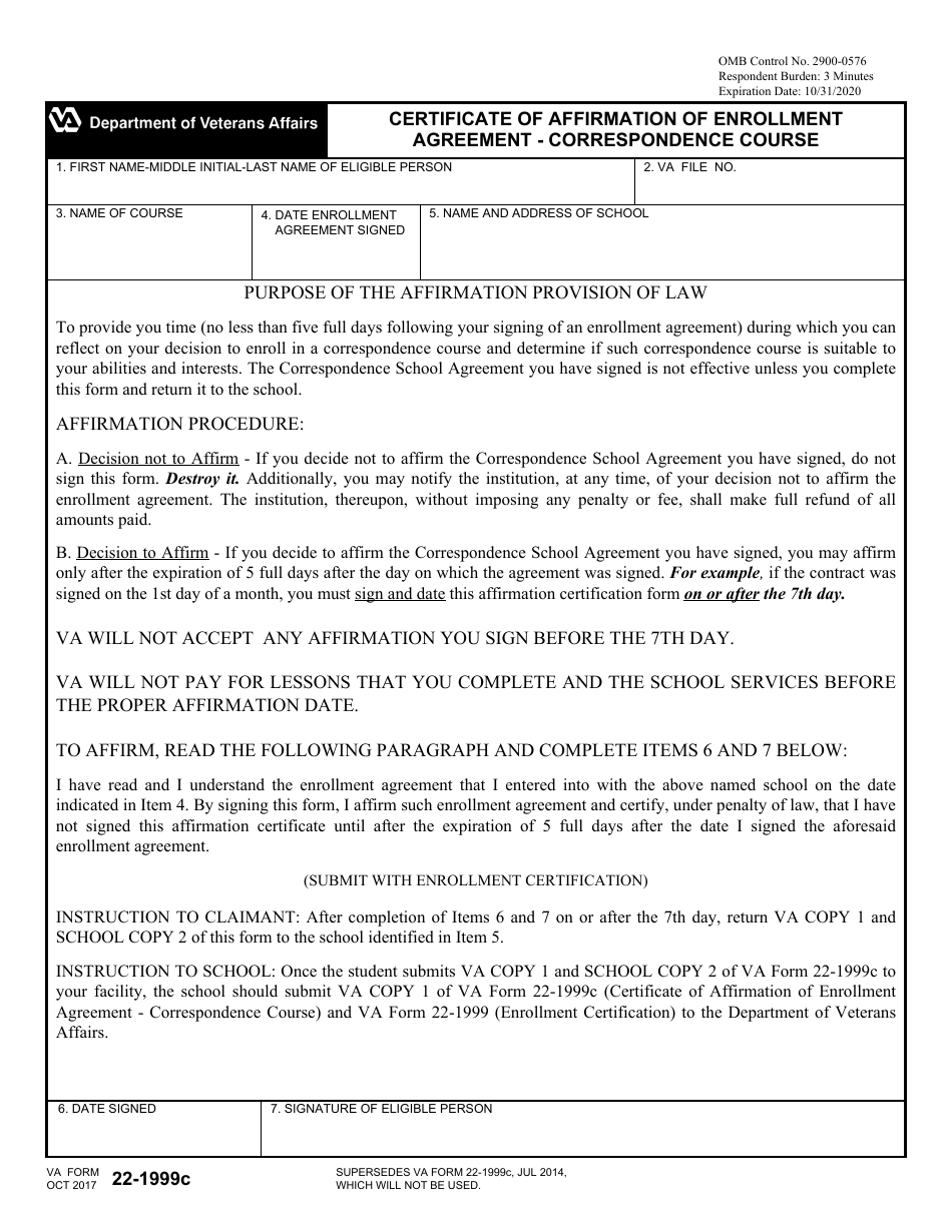 VA Form 22-1999c Certificate of Affirmation of Enrollment Agreement - Correspondence Course, Page 1