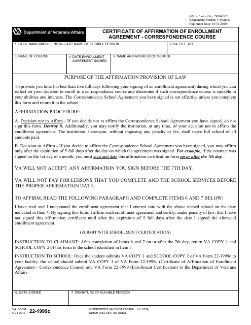 VA Form 22-1999c Certificate of Affirmation of Enrollment Agreement - Correspondence Course