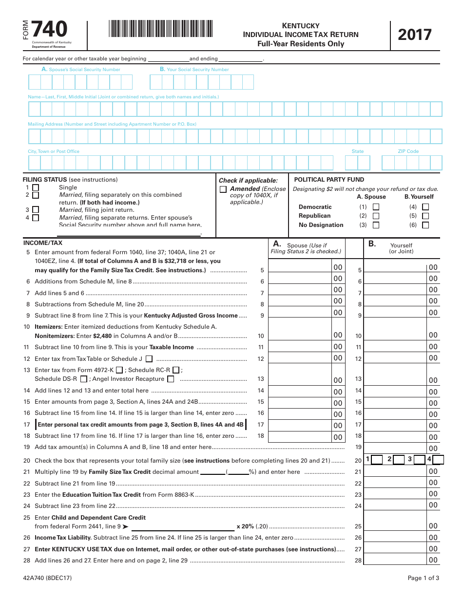 Form 740 Kentucky Individual Income Tax Return - Full-Year Residents Only - Kentucky, Page 1