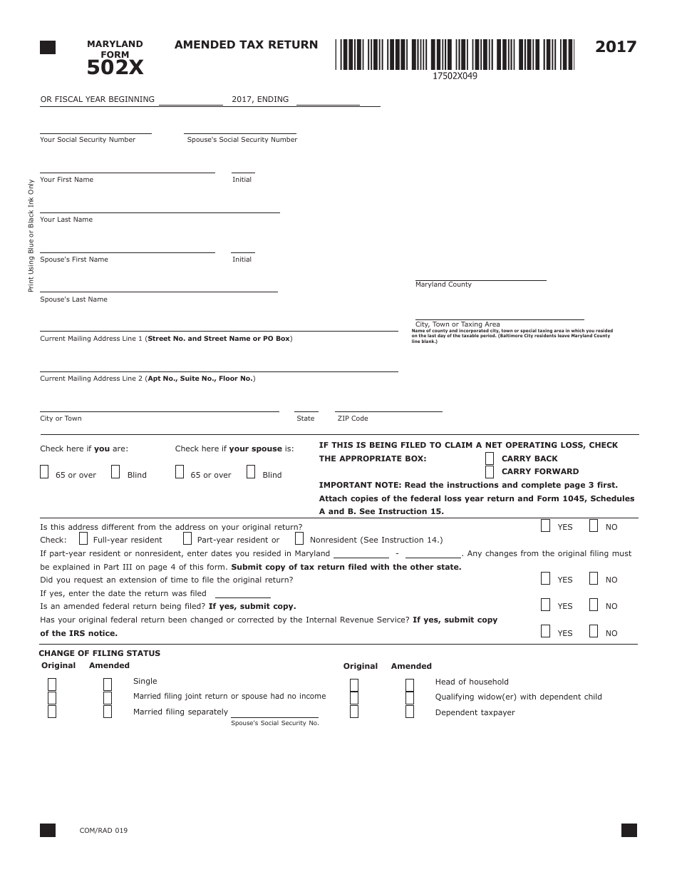 Form 502X Amended Tax Return - Maryland, Page 1
