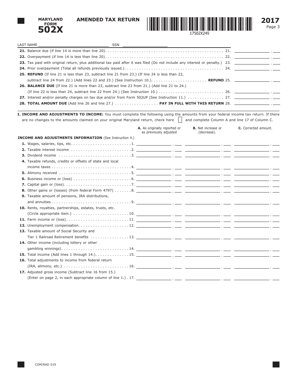 Form 502X Amended Tax Return - Maryland, Page 3