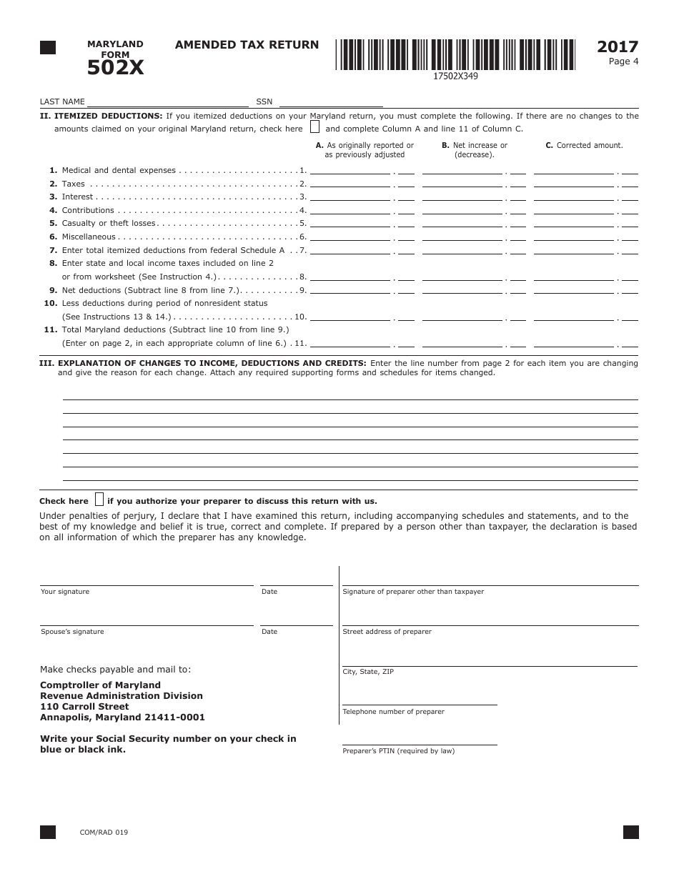 Form 502X Amended Tax Return - Maryland, Page 4