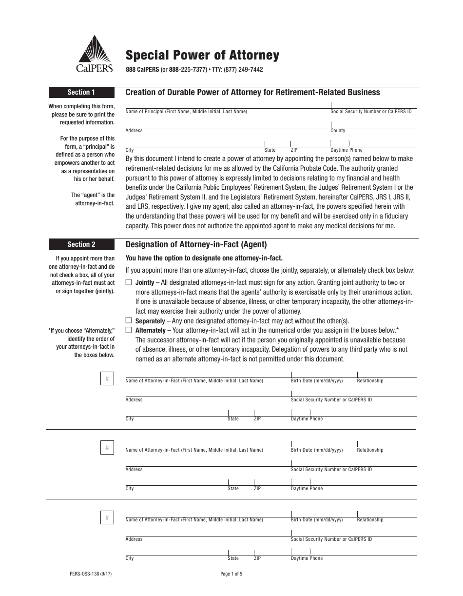 Form PERS-OSS-138 Special Power of Attorney - California, Page 1