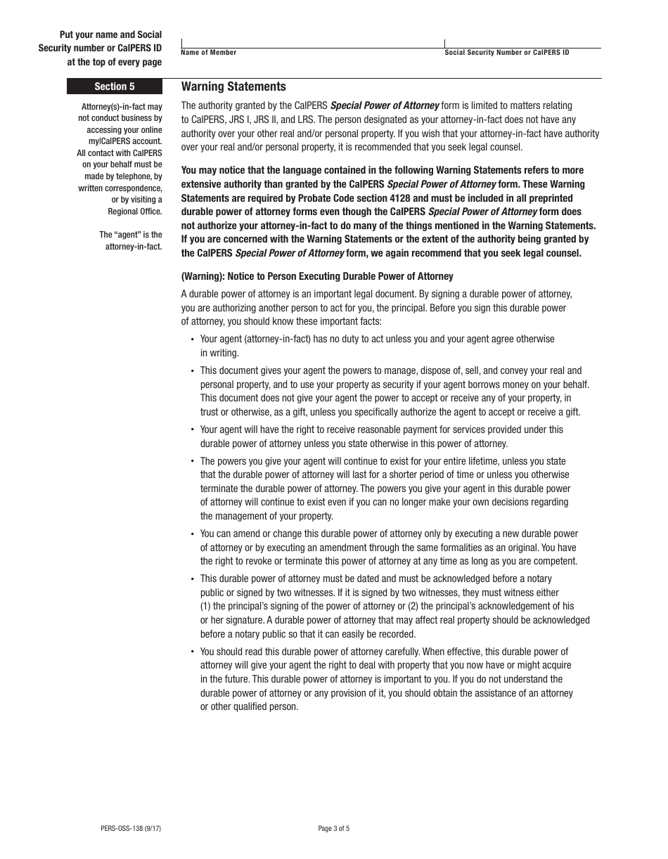 Form PERS-OSS-138 Special Power of Attorney - California, Page 3