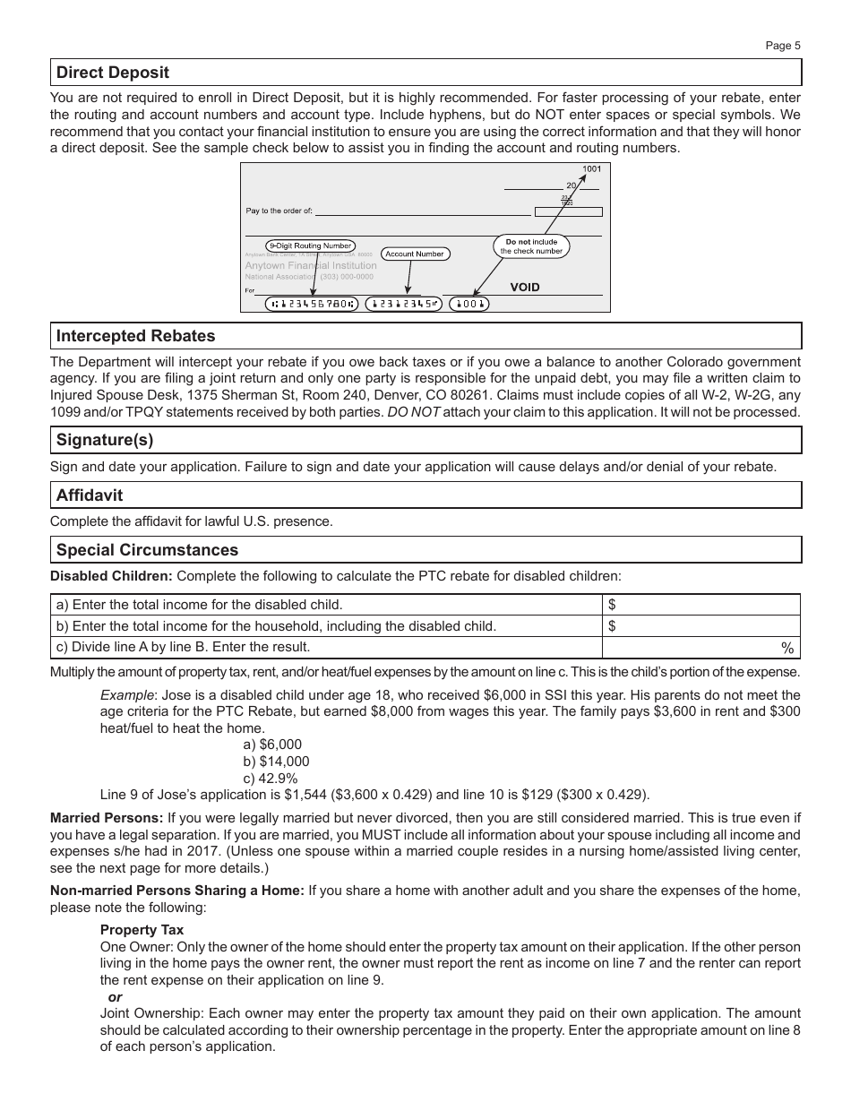 Form DR0104PTC Colorado Property Tax / Rent / Heat Rebate Application - Colorado, Page 5