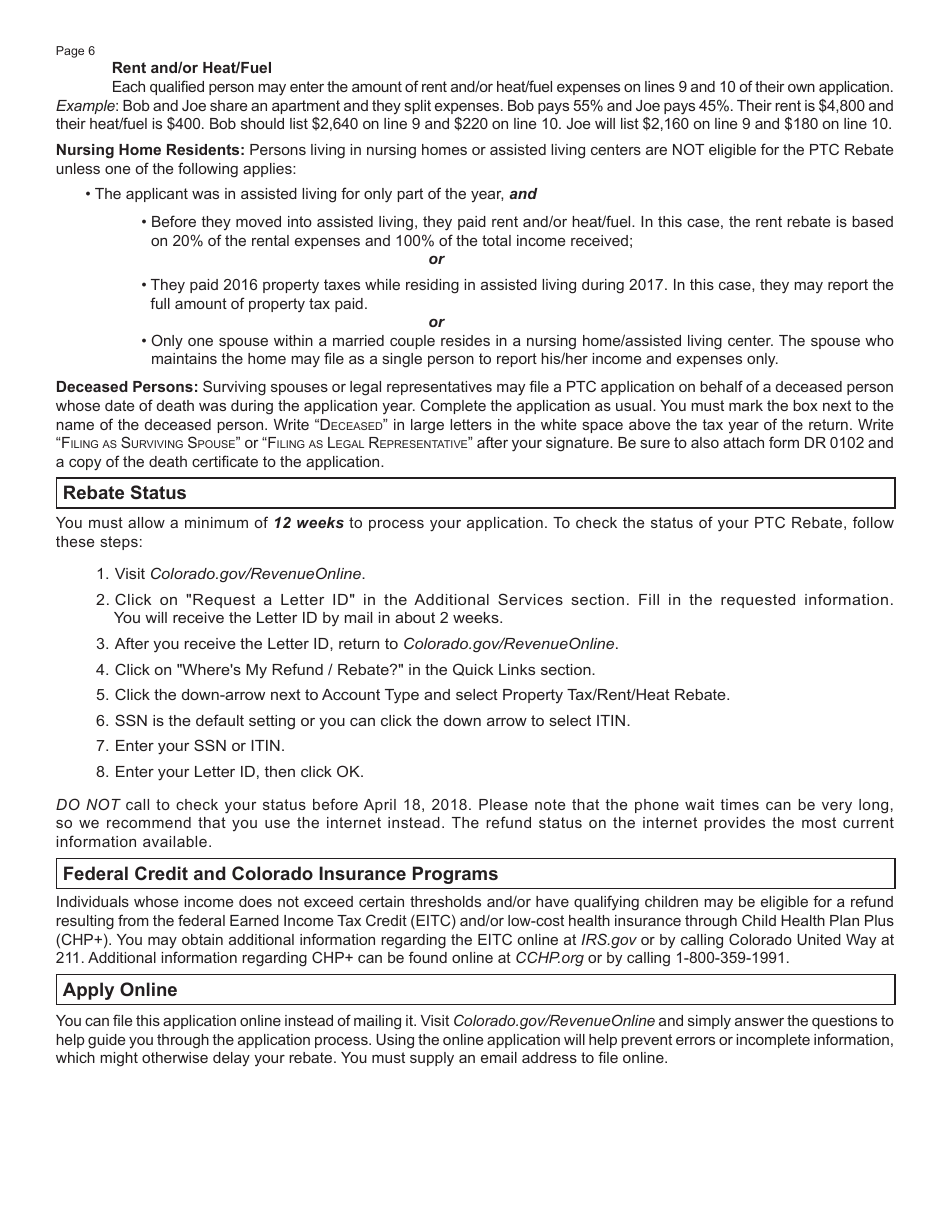 Form DR0104PTC Colorado Property Tax / Rent / Heat Rebate Application - Colorado, Page 6