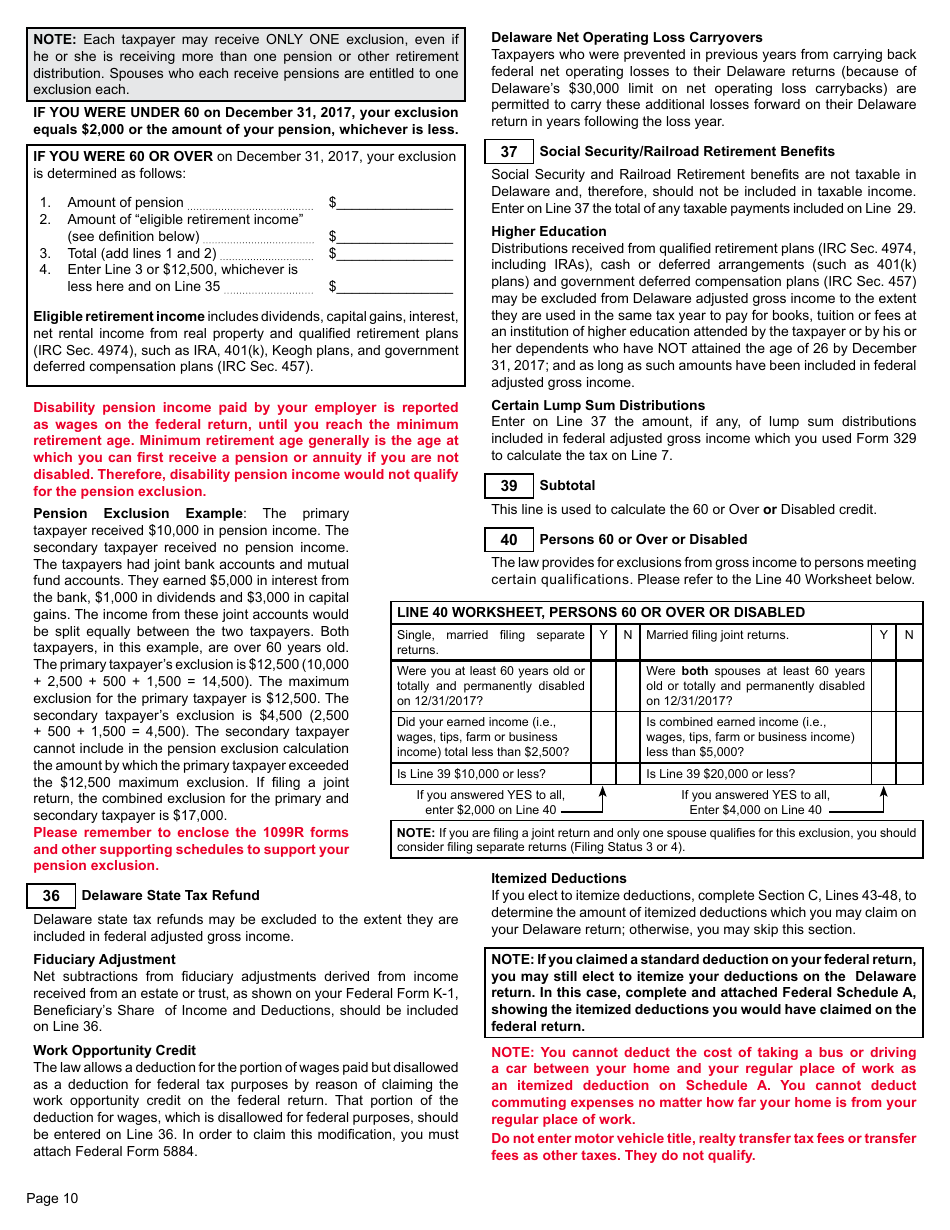 Form 200-01 Resident Individual Income Tax Return - Delaware, Page 10