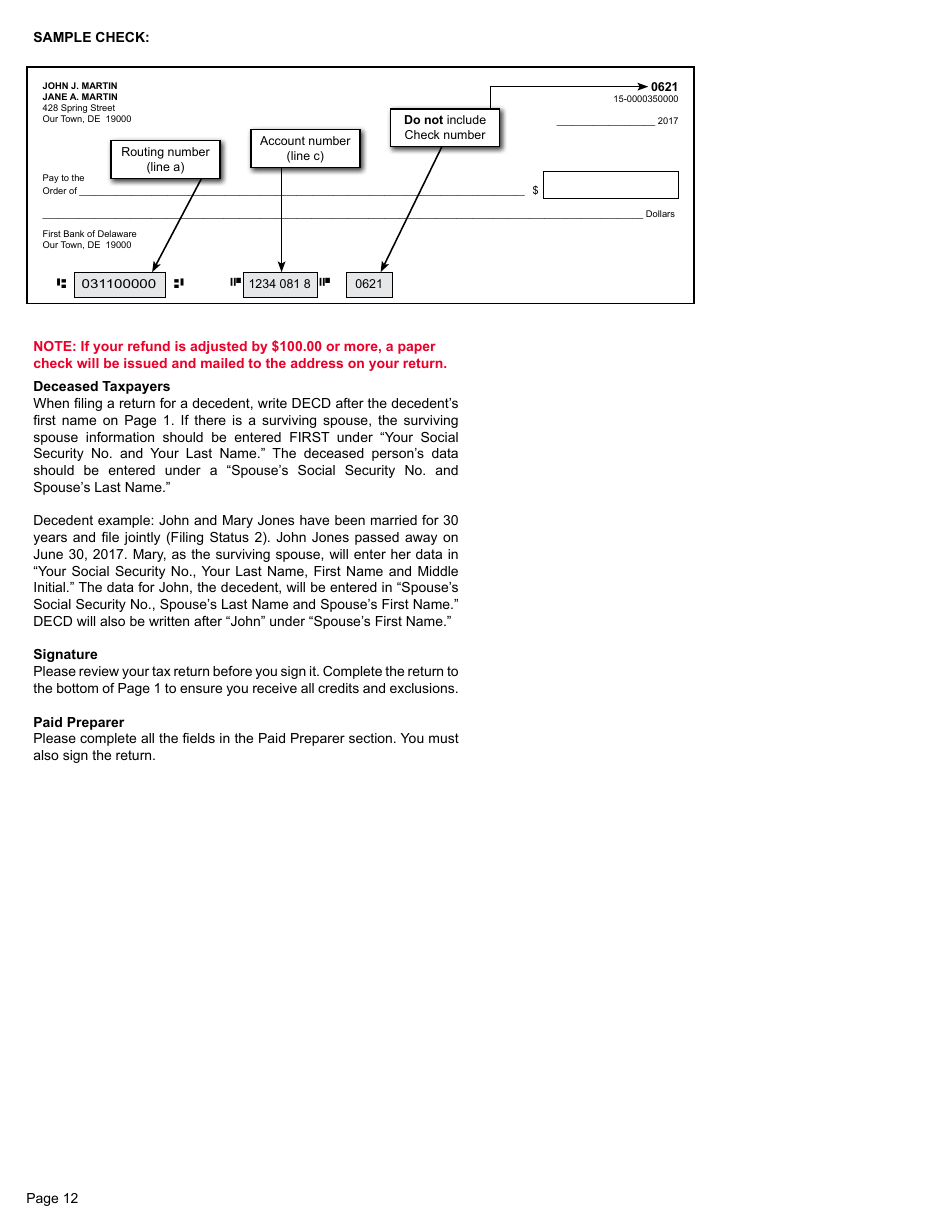 Form 200-01 Resident Individual Income Tax Return - Delaware, Page 12
