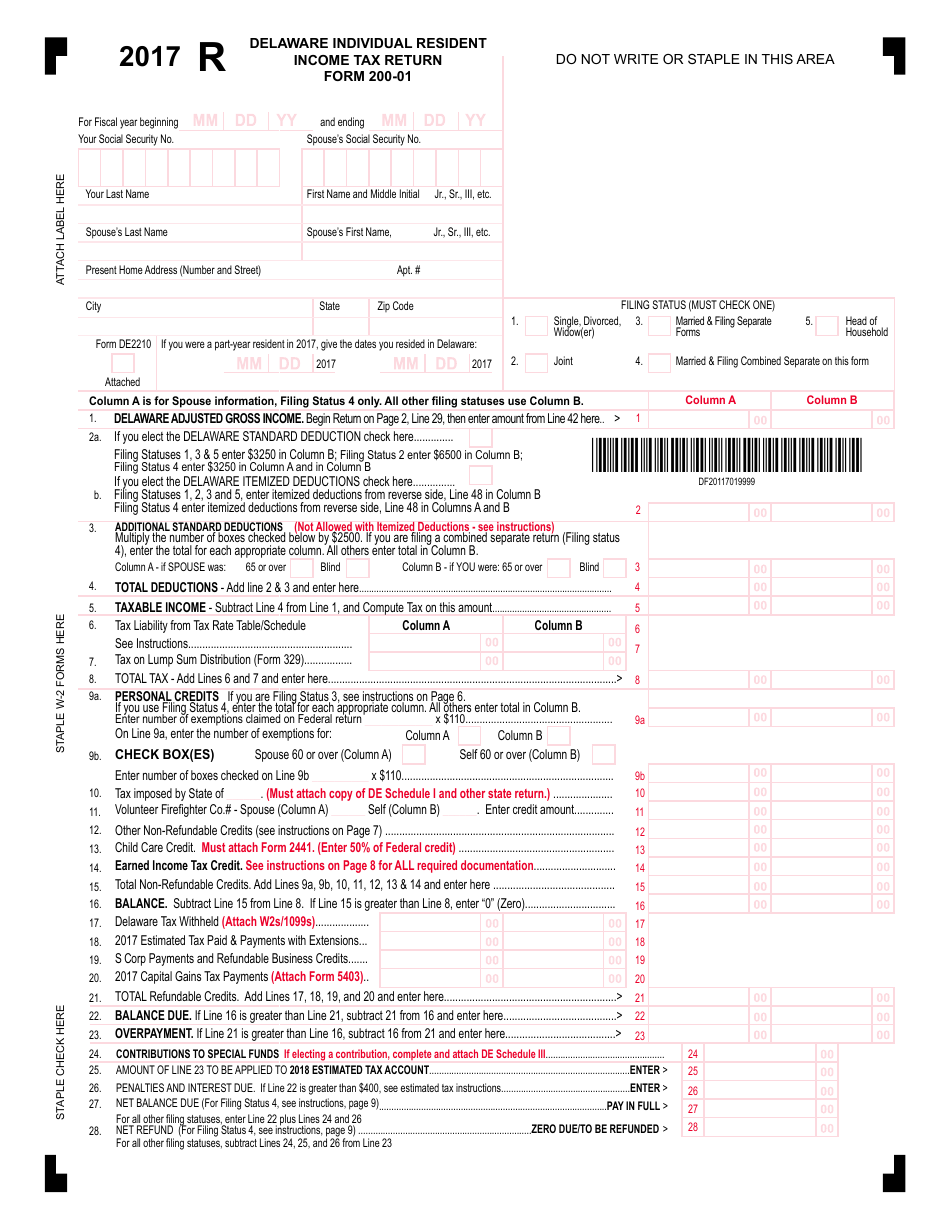 Form 200-01 Resident Individual Income Tax Return - Delaware, Page 13