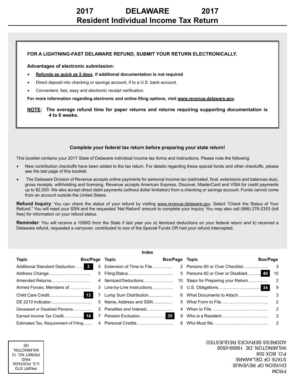 Form 200-01 Resident Individual Income Tax Return - Delaware, Page 1