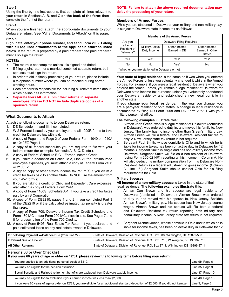 Form 200-01 Resident Individual Income Tax Return - Delaware, Page 3