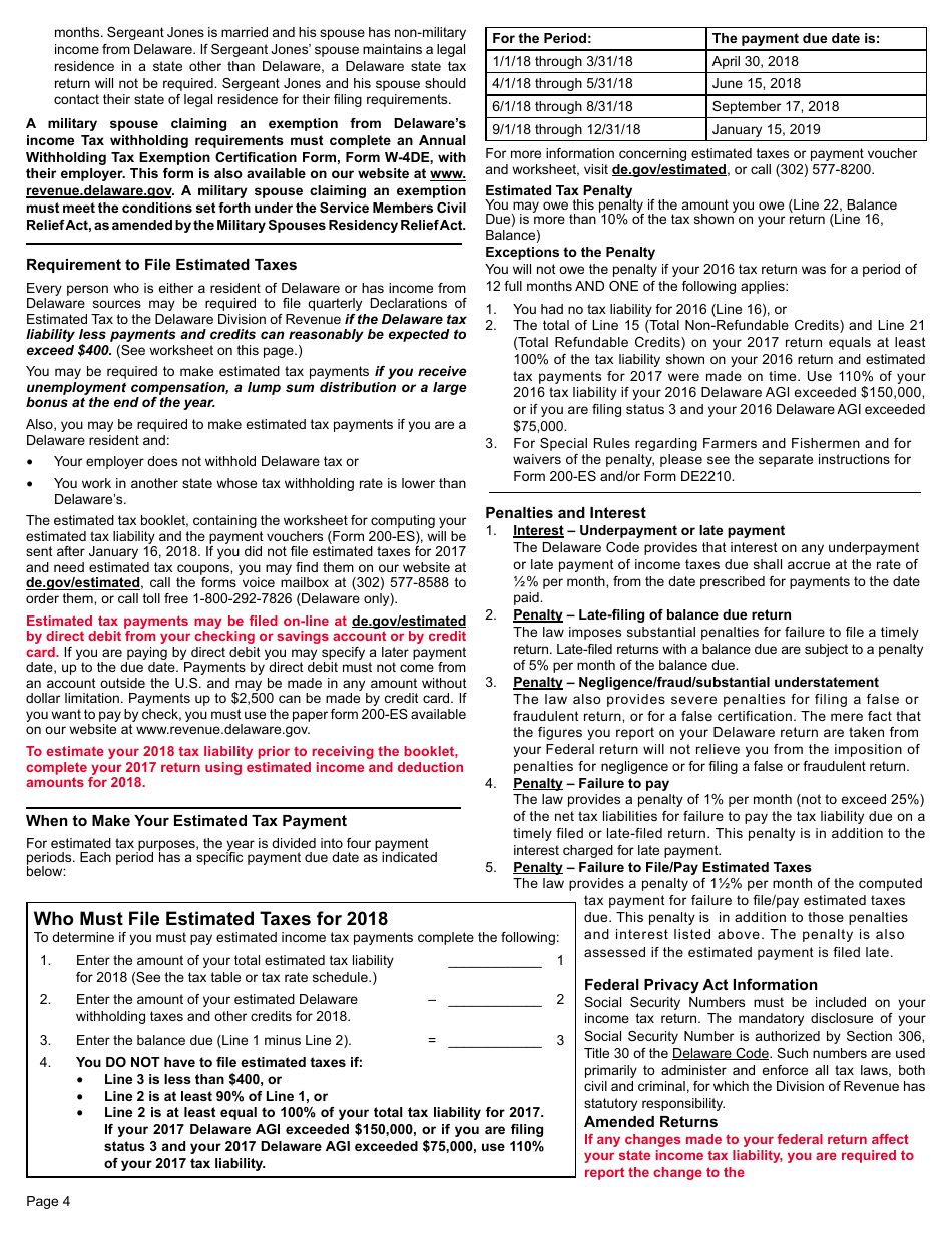 Form 200-01 Resident Individual Income Tax Return - Delaware, Page 4