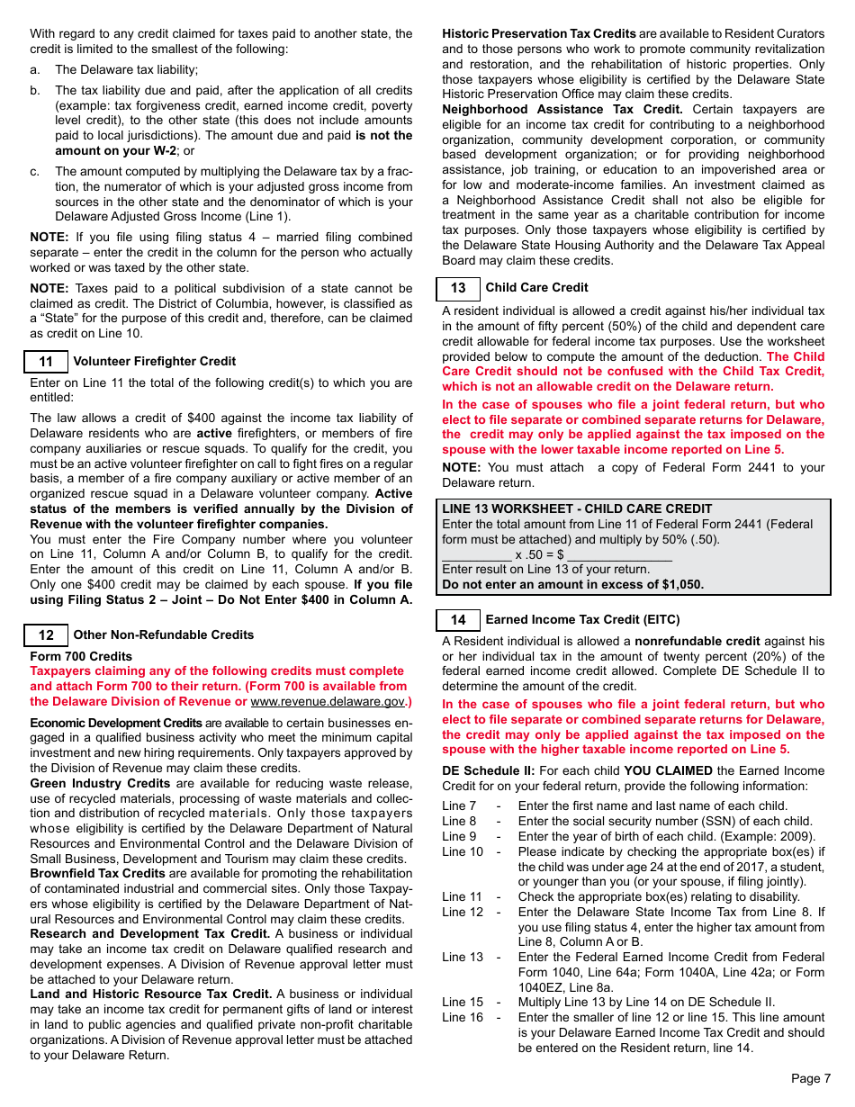 Form 200-01 Resident Individual Income Tax Return - Delaware, Page 7