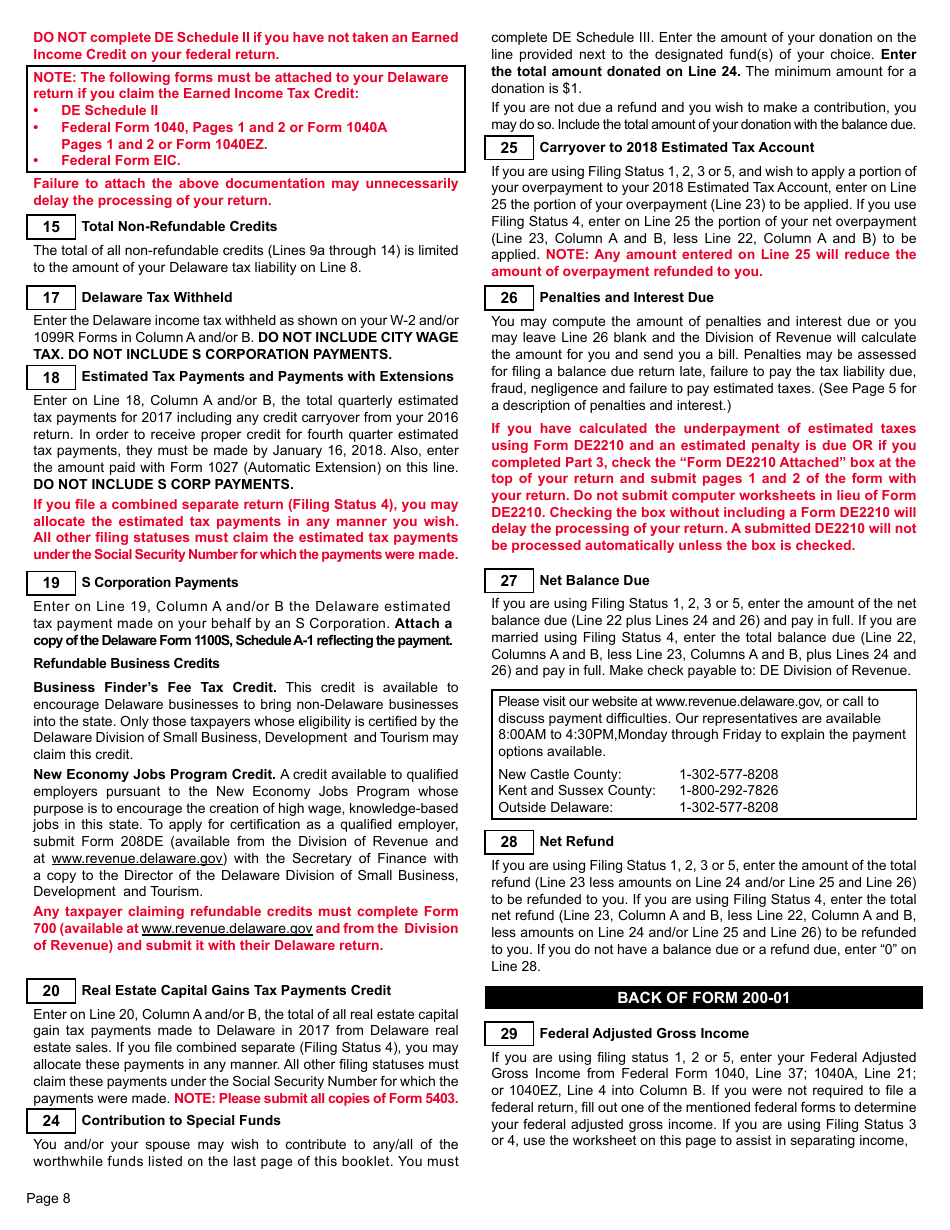 Form 200-01 Resident Individual Income Tax Return - Delaware, Page 8