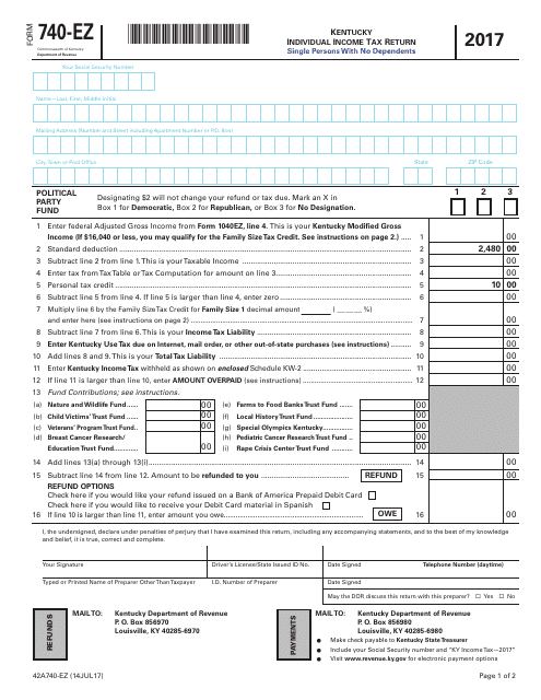 Form 740-EZ Kentucky Individual Income Tax Return - Kentucky, 2017