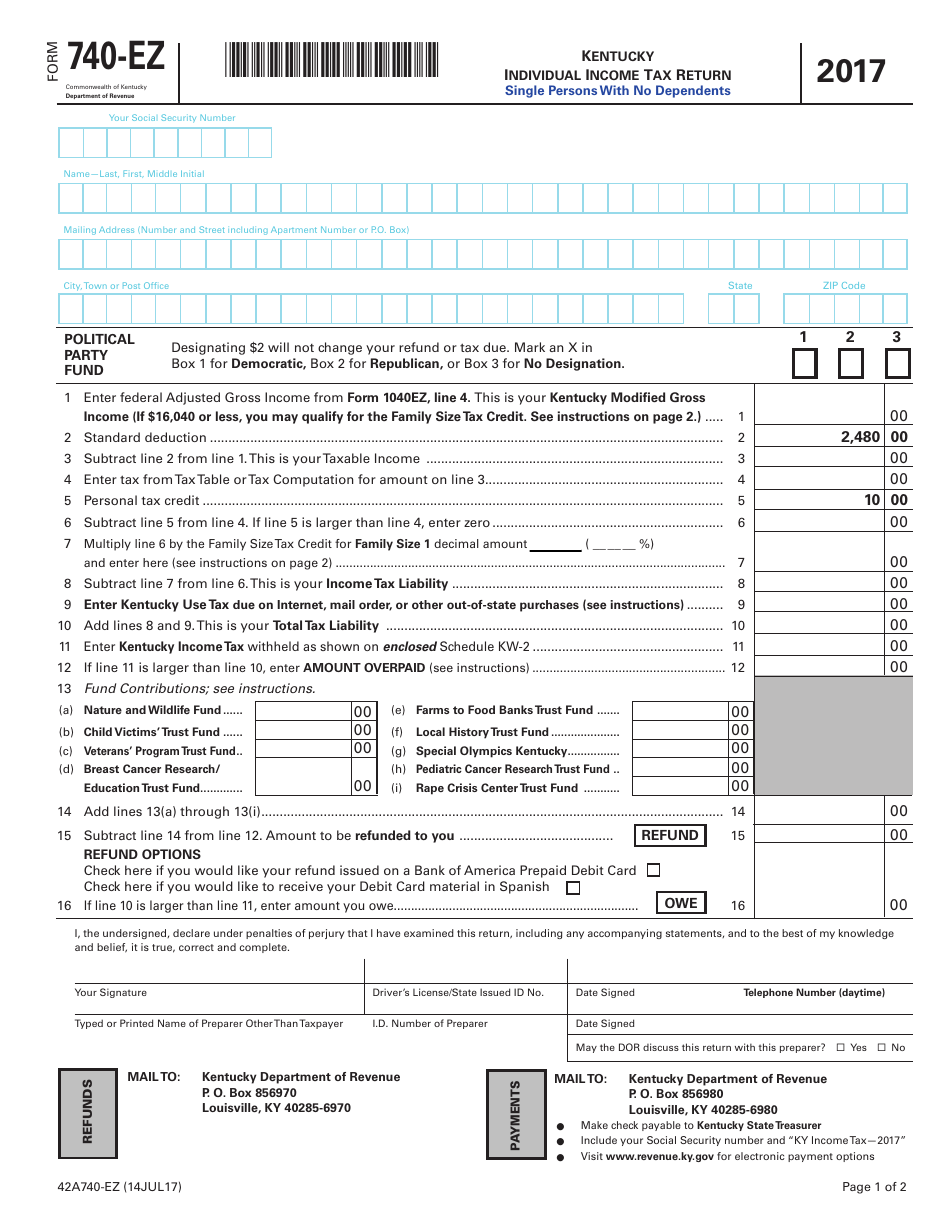 Form 740-EZ Kentucky Individual Income Tax Return - Kentucky, Page 1