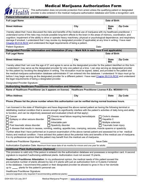 DOH Form 630-123 Medical Marijuana Authorization Form - Washington