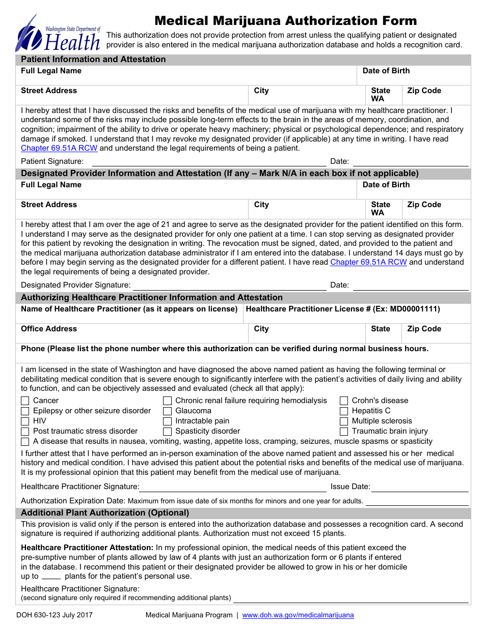 DOH Form 630-123 Medical Marijuana Authorization Form - Washington, Page 1