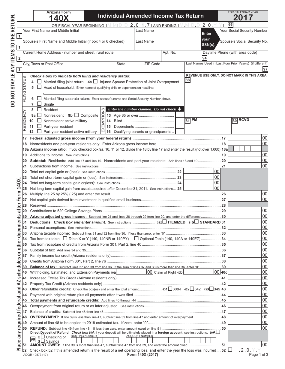 Arizona Form 140X (ADOR10573) Individual Amended Income Tax Return - Arizona, Page 1