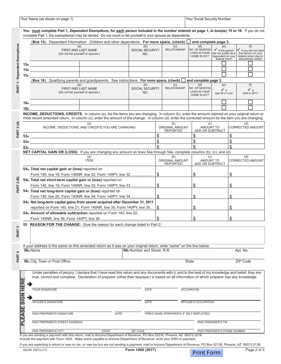 Arizona Form 140X (ADOR10573) - 2017 - Fill Out, Sign Online and ...