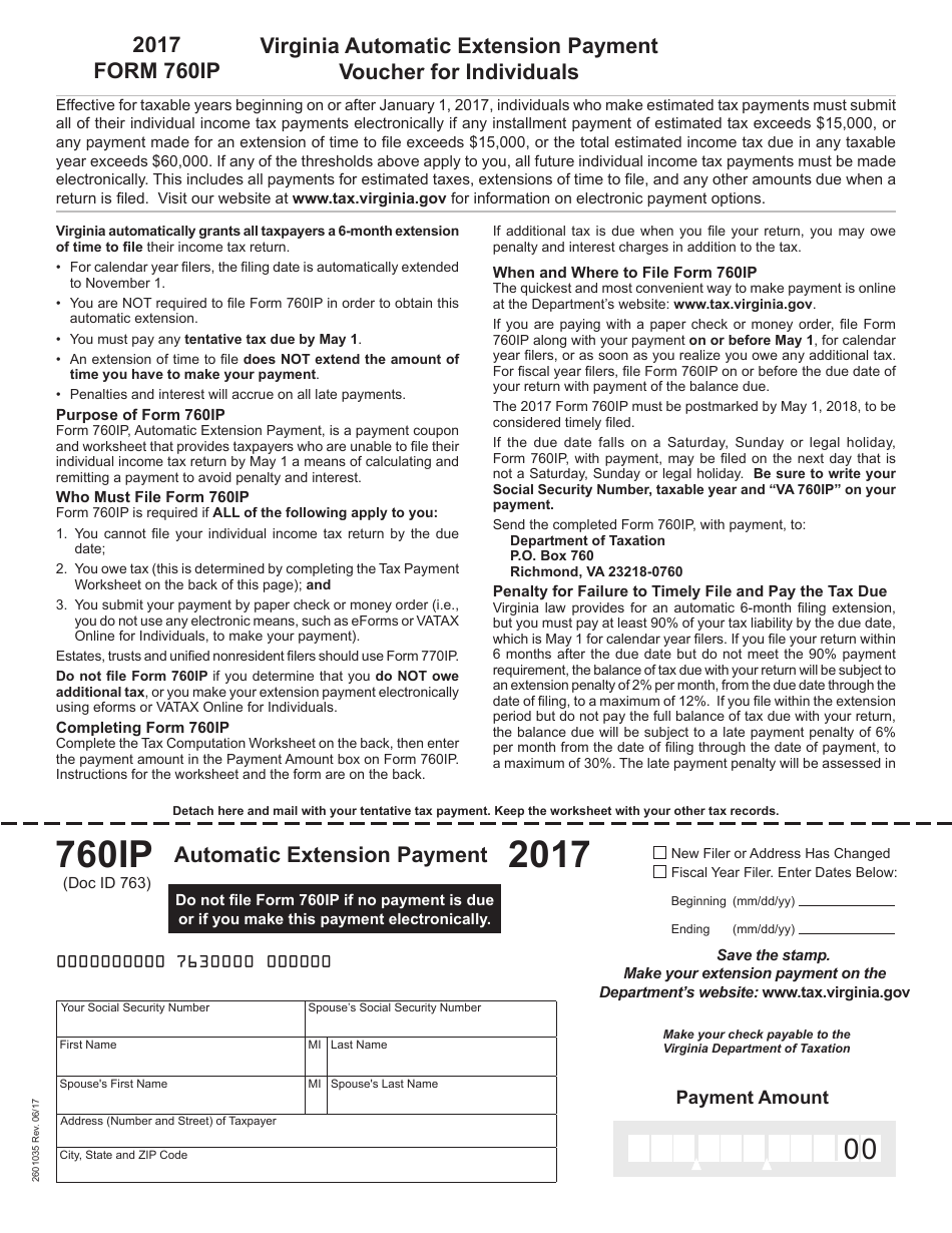 Form 760IP Virginia Automatic Extension Payment Voucher for Individuals - Virginia, Page 1