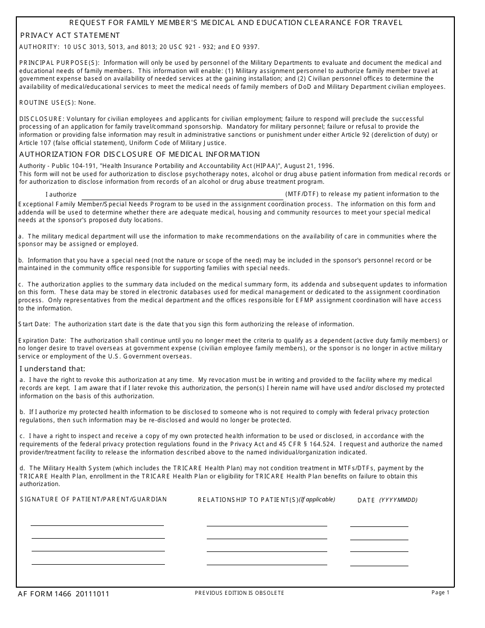 AF Form 1466 Request for Family Members Medical and Education Clearance for Travel, Page 1