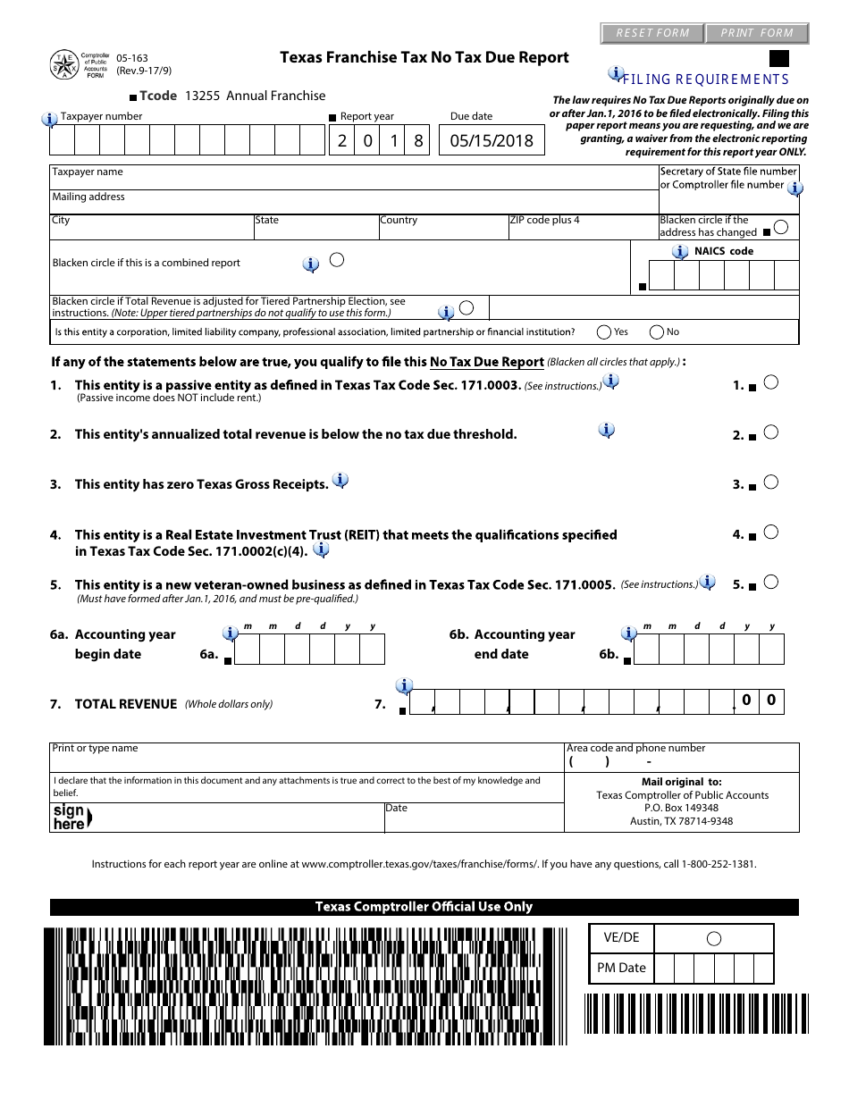 Form 05-163 Texas Franchise Tax No Tax Due Report - Texas, Page 1